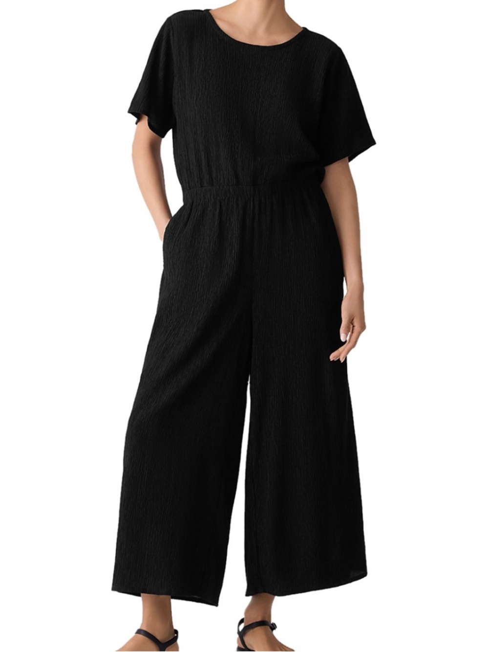 Eileen Fisher Crinkled Wide-Leg Black Jumpsuit with Short Sleeves XL